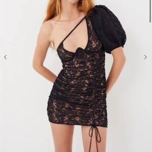 For Love & Lemons Black Lace Halle One Shoulder Mini Dress Corset Top Size S